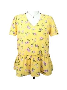 Pleione Women Yellow Peplum Ruffle Floral Blouse Top S Feminine Cottage Twee NEW